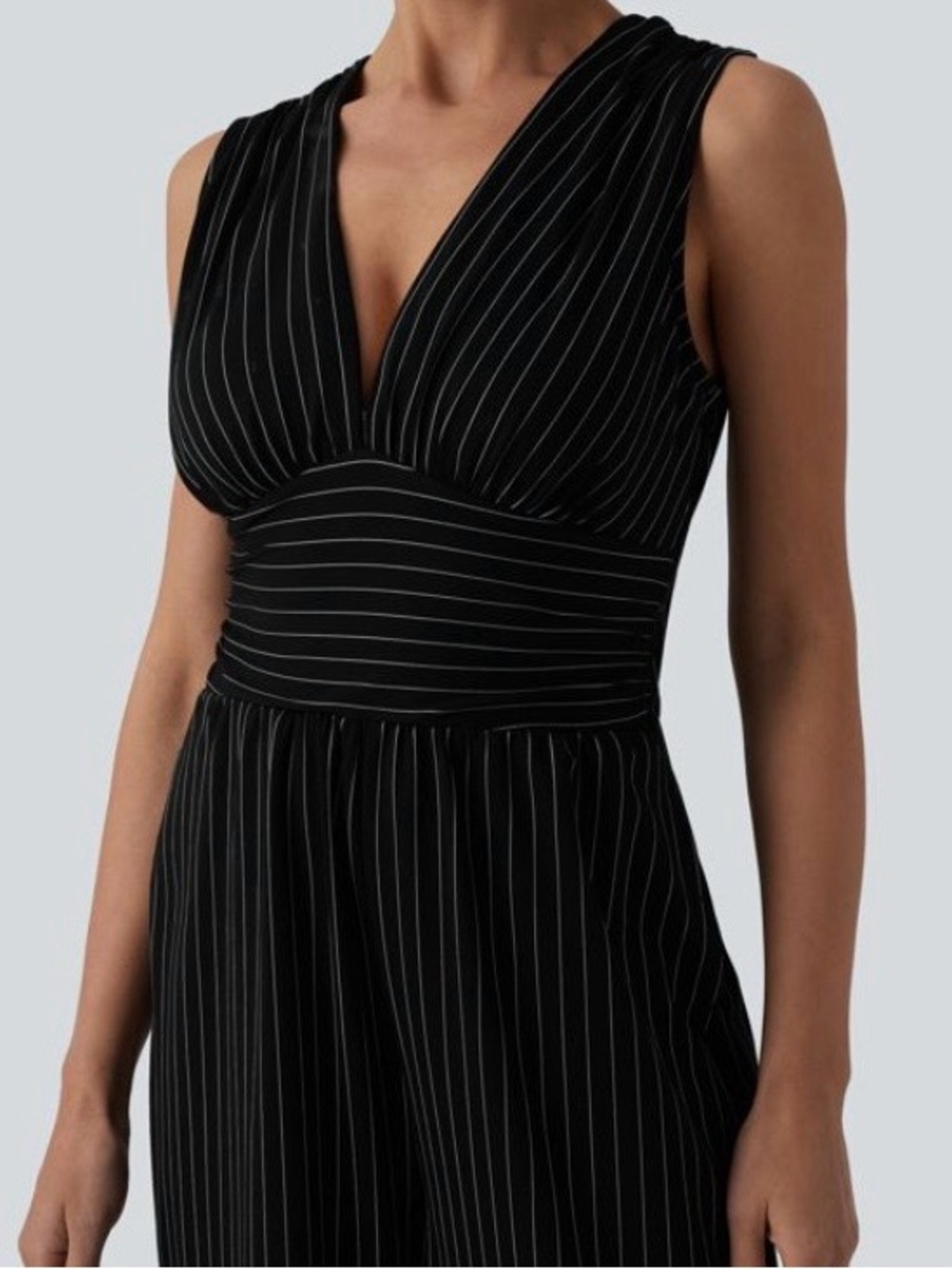 XLARGE. HALARA V NECK RUCHED STRIPED EASY PEEZY JUMPSUIT - Picture 4 of 10